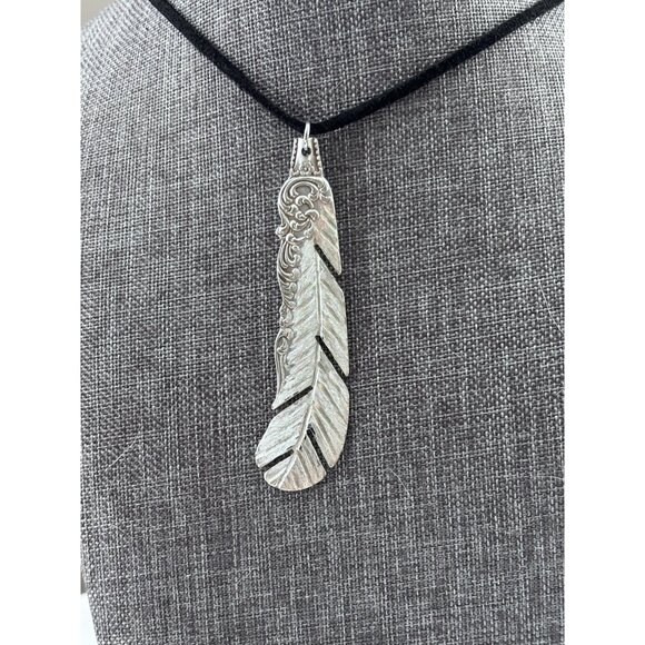 Handmade Feather Pendant Antique Butter Knife up-cycled silverware jewelery - Picture 2 of 6
